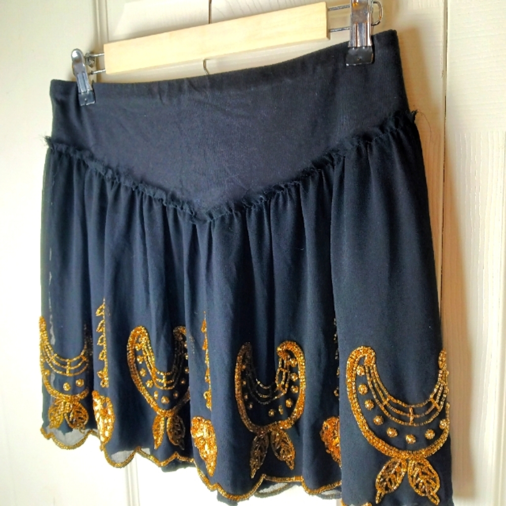 Free People Beaded Skirt M Black Gold Beads Boho Chic Gypsy Hippie Stretchy